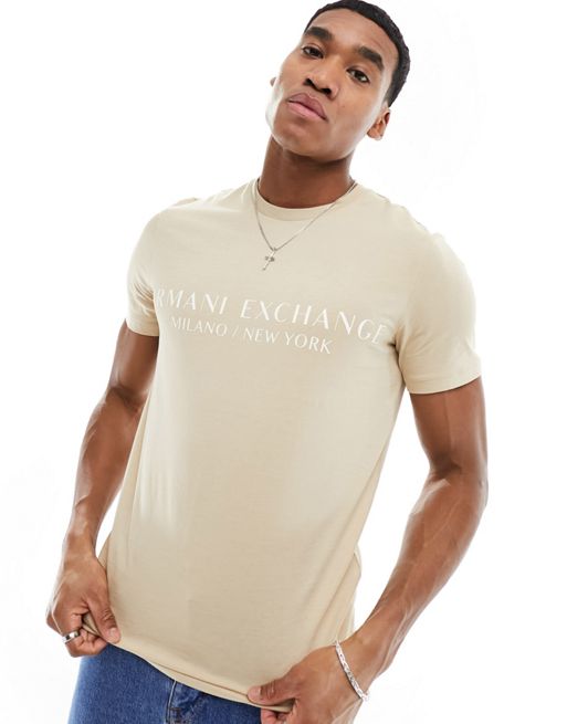 Armani Exchange - T-shirt lineare beige con logo
