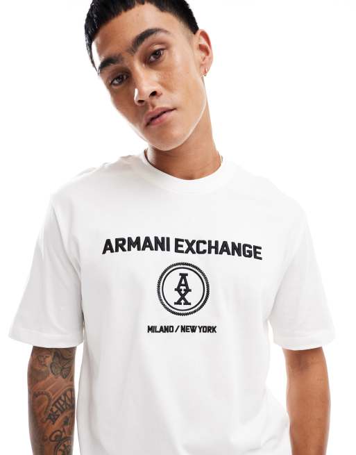 Armani Exchange - T-shirt met dubbel logo in gebroken wit