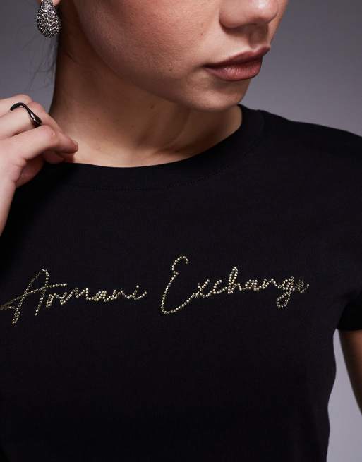 Armani Exchange T-shirt met goudkleurig logo in zwart, 4 van 4