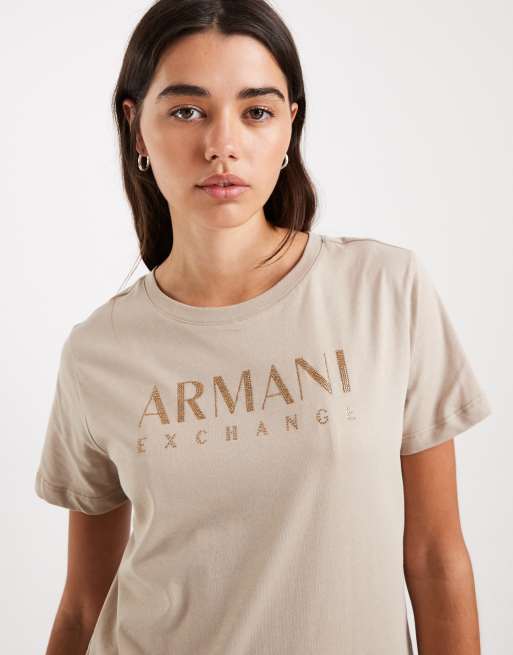 Armani Exchange - T-shirt met logo met siersteentjes in steenkleur, 3 van 4