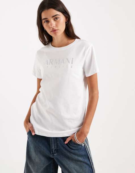 Armani Exchange - T-shirt met logo met siersteentjes in wit - view 1