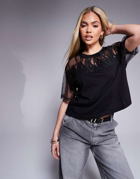 Armani Exchange - T-shirt nera squadrata in rete con logo - view 1