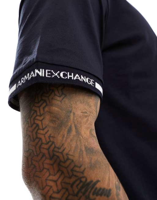 Armani Exchange - T-shirt pesante blu navy con giromanica con riga e logo, 2 di 4