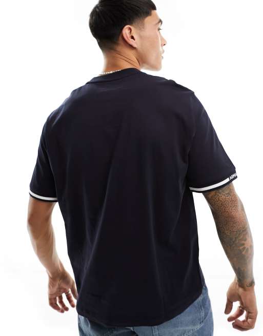 Armani Exchange - T-shirt pesante blu navy con giromanica con riga e logo, 4 di 4