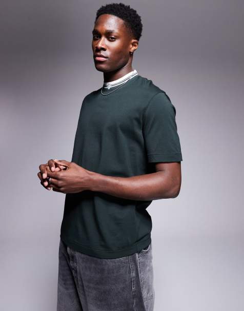 Armani Exchange - T-shirt verde con collo a contrasto con logo - view 1