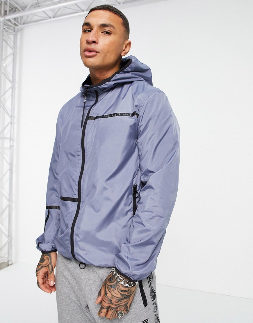 Armani Exchange tape detail hooded jacket with back print in grey