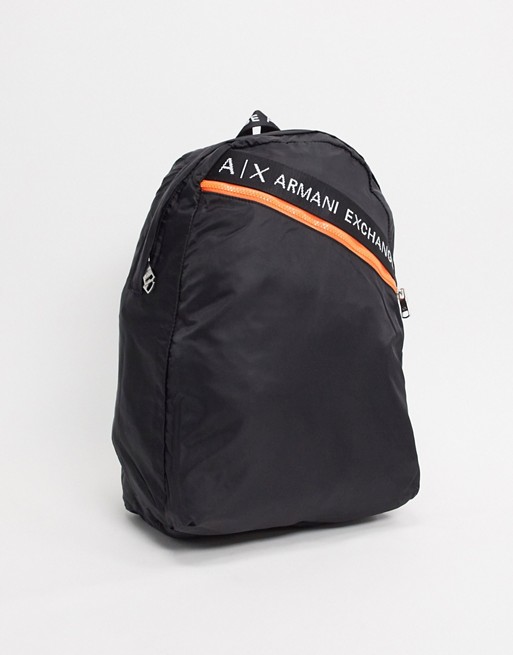 Armani Exchange taped logo nylon backpack in black