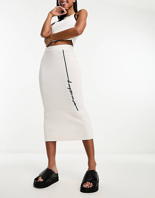 Armani Exchange text logo fine knit midi skirt in off white | ASOS