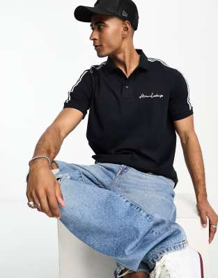 Armani Exchange text logo polo shirt in navy with stripe sleeves | ASOS