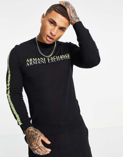 Armani Exchange text logo tape detail crew neck sweat in black