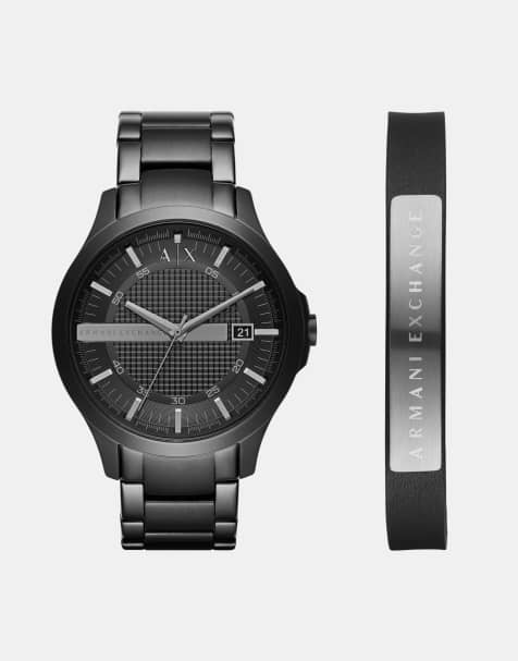 Armani Exchange Three-hand date black stainless steel watch and bracelet gift set in black - view 1