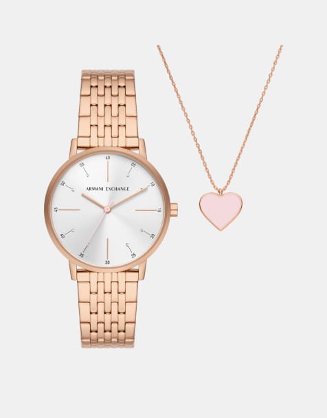 Armani Exchange Three-hand rose gold-tone stainless steel watch and rose gold-tone stainless steel necklace set in rose gold - view 1