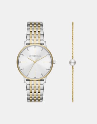 Armani Exchange Three-hand two-tone stainless steel watch and bracelet set in gold,silver