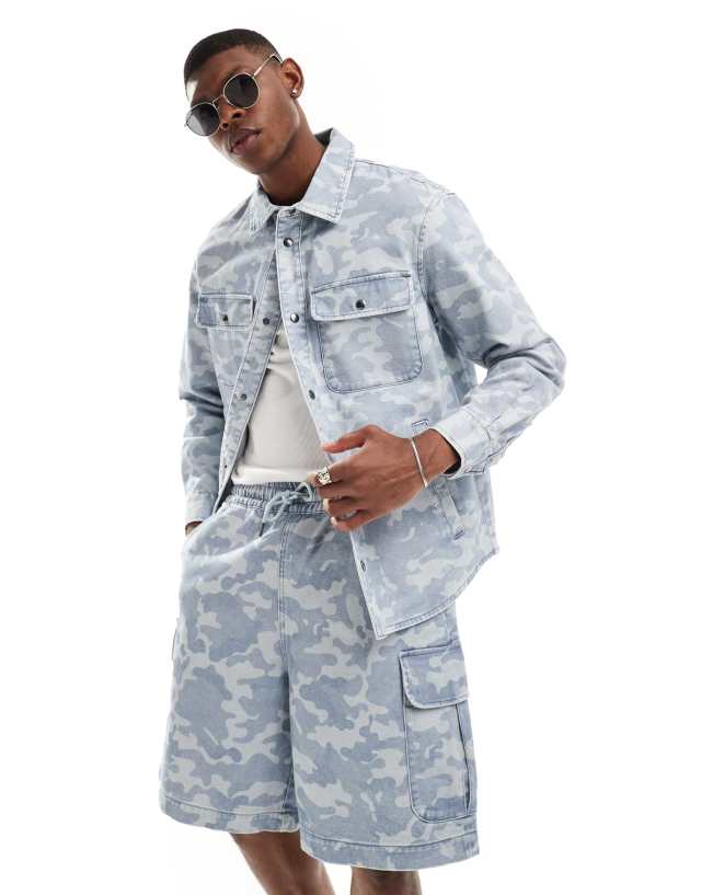 Armani Exchange - tonal camo pattern denim overshirt in light blue co-ord