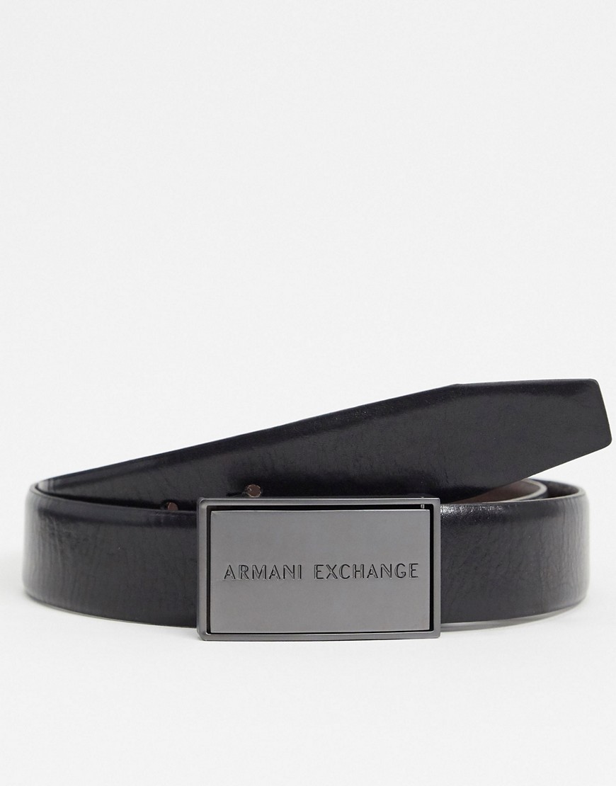 Armani Exchange - Vendbart bælte i sort/brun med plaque-logospænde