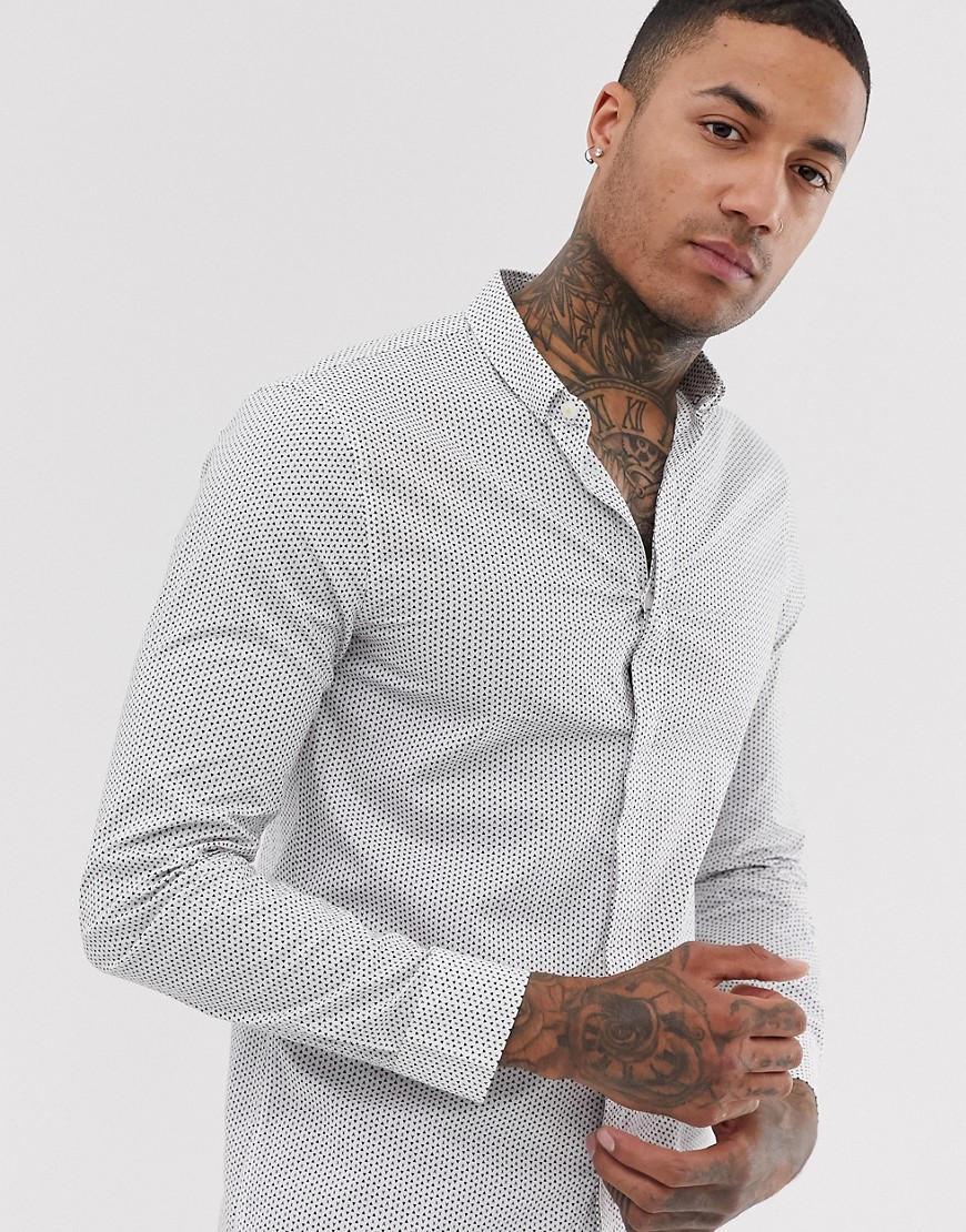 Armani Exchange – Vit småmönstrad skjorta med lång ärm och logga