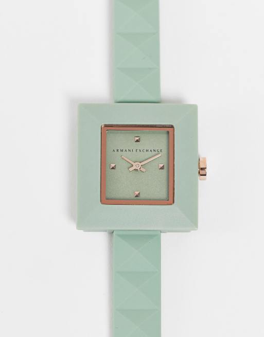 Armani Exchange womens silicone square dial watch in green AX4404 | ASOS