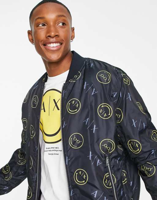 Armani Exchange x Smiley Face reversible bomber jacket in navy | ASOS