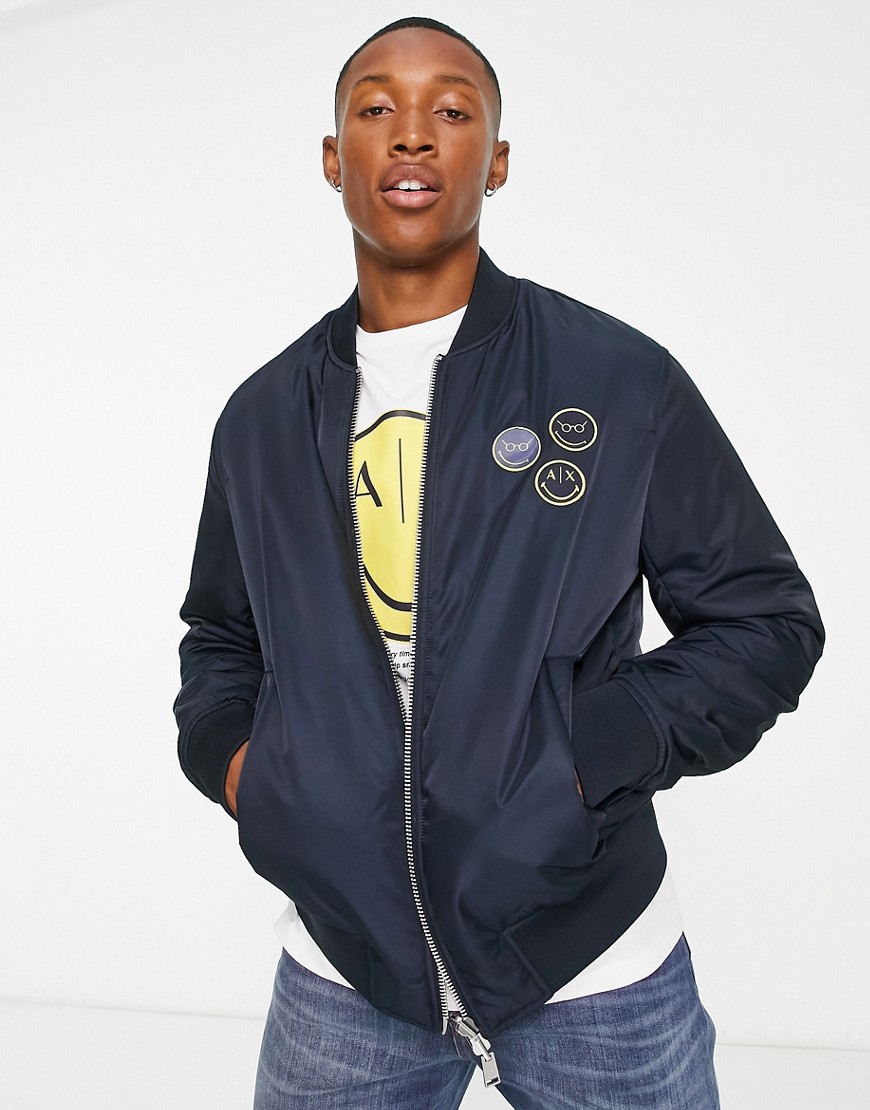 armani exchange x smiley face reversible bomber jacket in navy