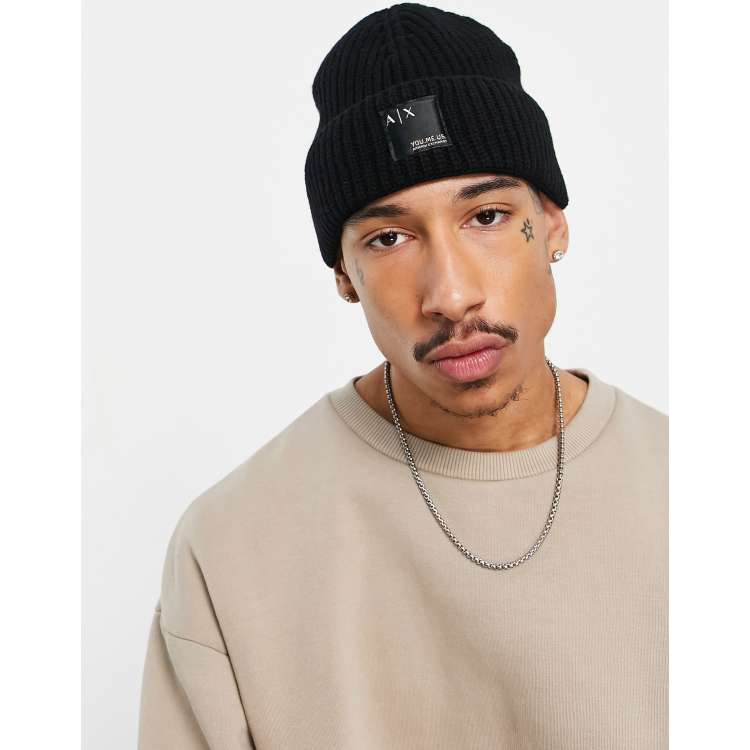 Armani Exchange x You Me Us knit beanie hat in black | ASOS