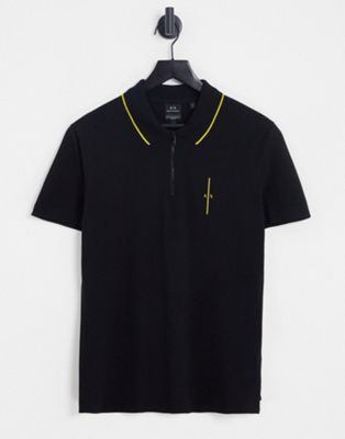 Armani Exchange zip neck polo with debossed back branding in black