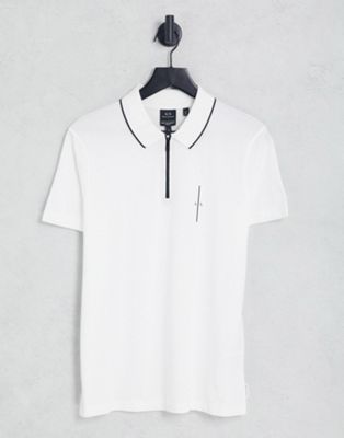 Armani Exchange zip neck polo with debossed back branding in white