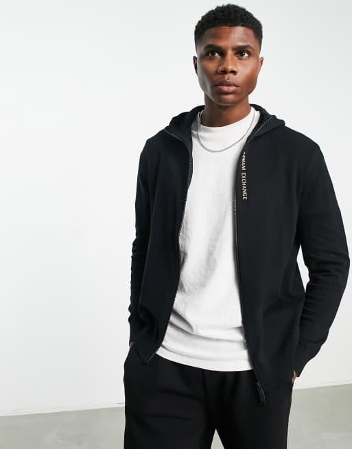 Armani Exchange zip through knitted hoodie with contrast logo in black |  ASOS