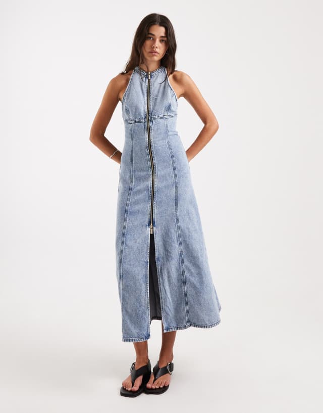 Armani Exchange zip through sculpt maxi denim dress in blue