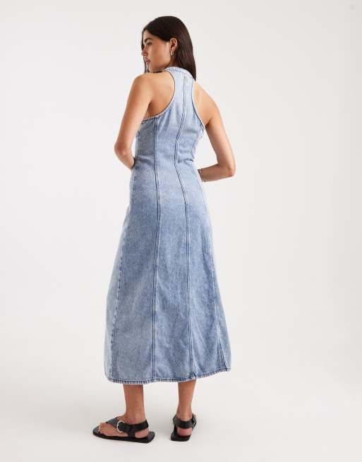Armani Exchange zip through sculpt maxi denim dress in blue, 4 of 4