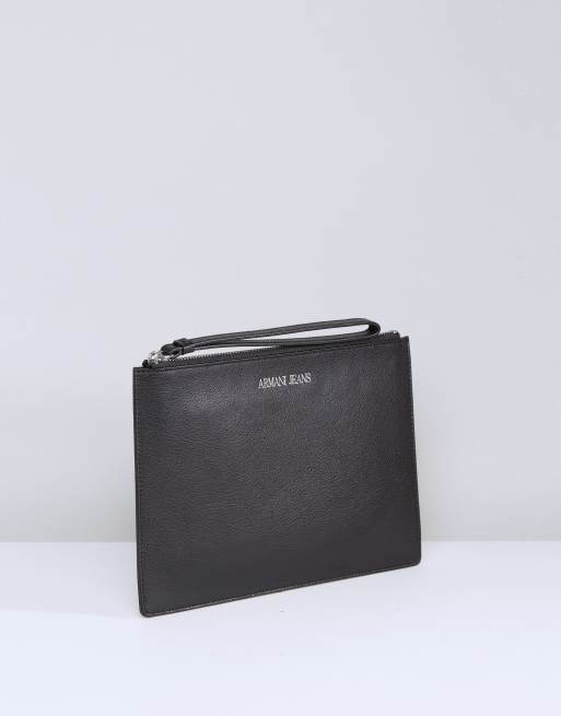 Armani Jeans Leather Zip Top Clutch Bag in Black ASOS