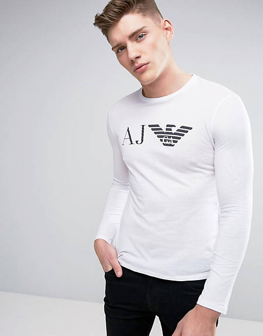 Armani Jeans Long Sleeve Top Slim Fit Eagle Logo in White