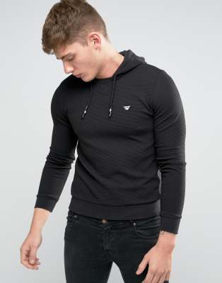 Armani Jeans Overhead Hoodie In Slim Fit Waffle Jersey In Black