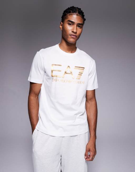 Armani - T-shirt bianca con logo EA7 color oro