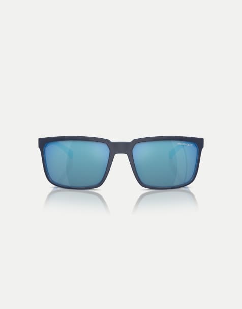 Arnette - Stripe - Occhiali da sole rettangolari con lenti blu a specchio polarizzate e parte superiore blu navy opaco su azzurro - view 1