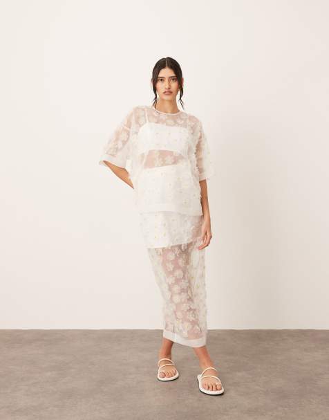 ARRANGE 3D daisy - Doorschijnende kolom maxi T-shirt en rok in wit - view 1