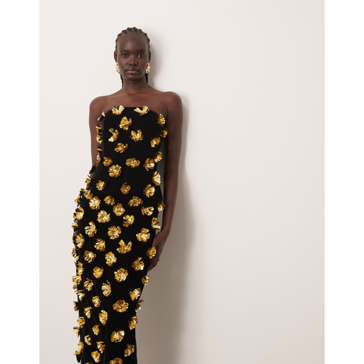 black strapless crepe ankle dress with 3d satin flowers Black Strapless Crepe Trumpet Gown with 3D Rhinestone Flower