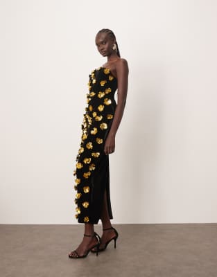 Arrange 3d Floral Bandeau Column Maxi Dress In Multi