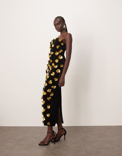 ARRANGE 3D floral bandeau column maxi dress in black