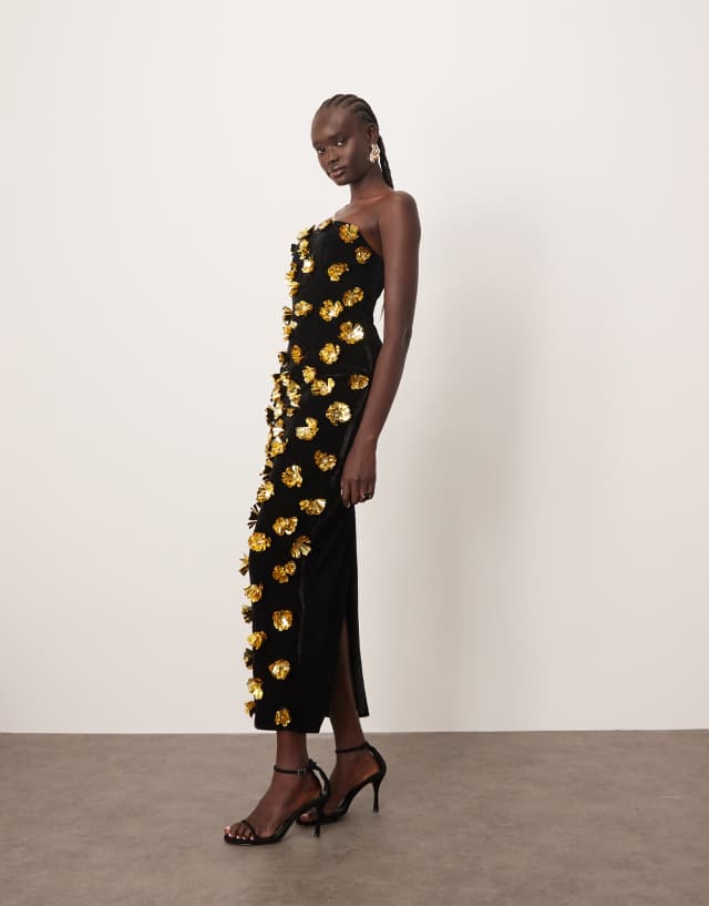 ARRANGE 3D floral bandeau column maxi dress in black | ASOS
