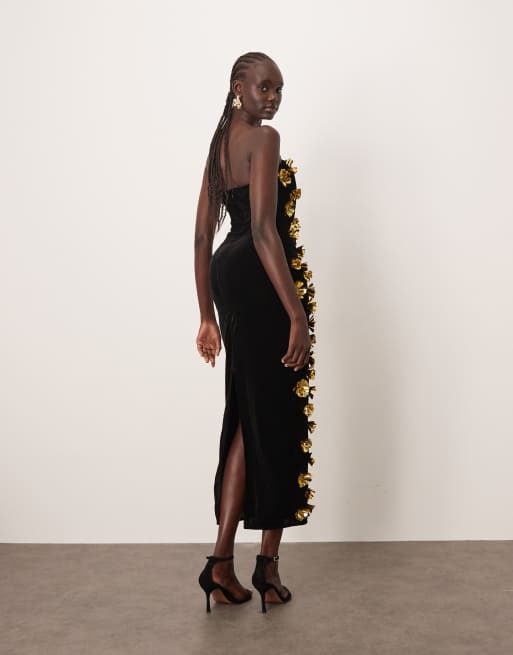 ARRANGE 3D floral bandeau column maxi dress in black