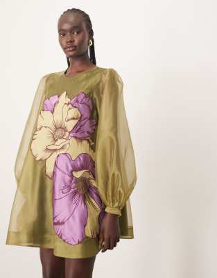 ARRANGE - A-Linien-Minikleid in Grün mit floraler Applikation und voluminösen Ärmeln