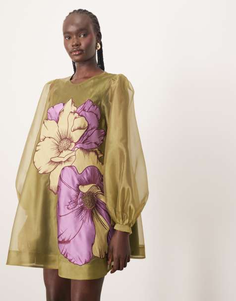 ARRANGE – A-Linien-Minikleid in Grün mit floraler Applikation und voluminösen Ärmeln - view 1