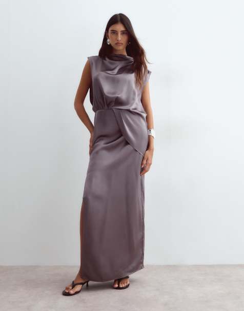 ARRANGE abito maxi a colonna in raso minimal con drappeggio e fianchi aperti grigio - view 1