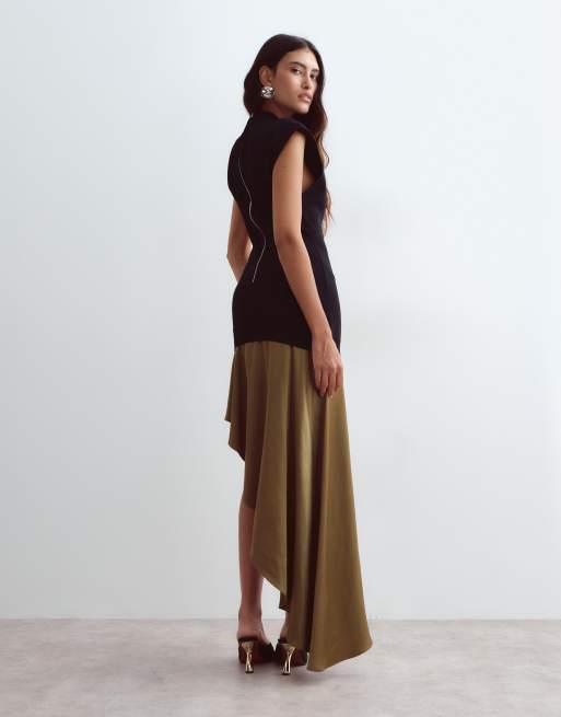 ARRANGE abito maxi in maglia ibrida con sottoveste asimmetrica in raso nero, 4 di 4