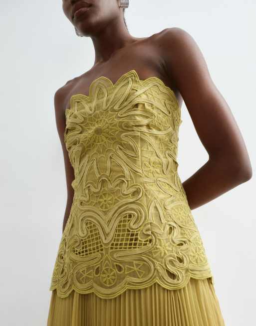 ARRANGE abstract cut work bandeau maxi dress with pleat skirt in olive green, 3 of 5