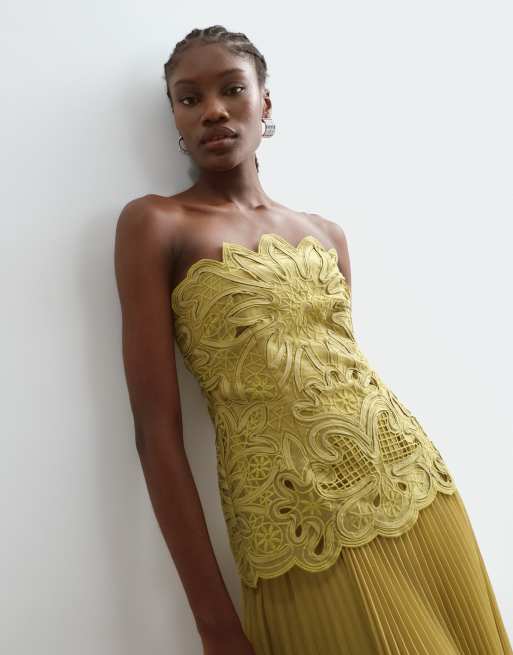 ARRANGE abstract cut work bandeau maxi dress with pleat skirt in olive green, 5 of 5