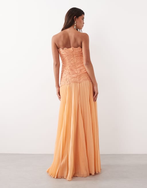ARRANGE abstract cutwork bandeau maxi dress with pleat skirt in soft peach, 2 of 4