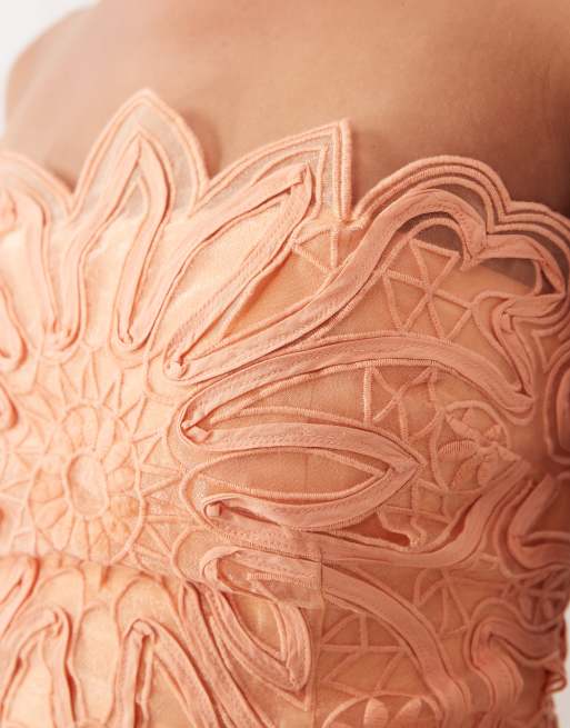 ARRANGE abstract cutwork bandeau maxi dress with pleat skirt in soft peach, 4 of 4