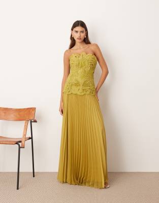 Arrange Abstract Cutwork Bandeau Maxi Dress With Pleated Skirt In Green