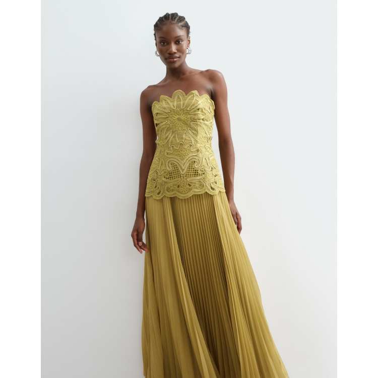 double second green long sleeve lace pleated dress reviews ARRANGE abstract cutwork bandeau maxi with skirt in olive P